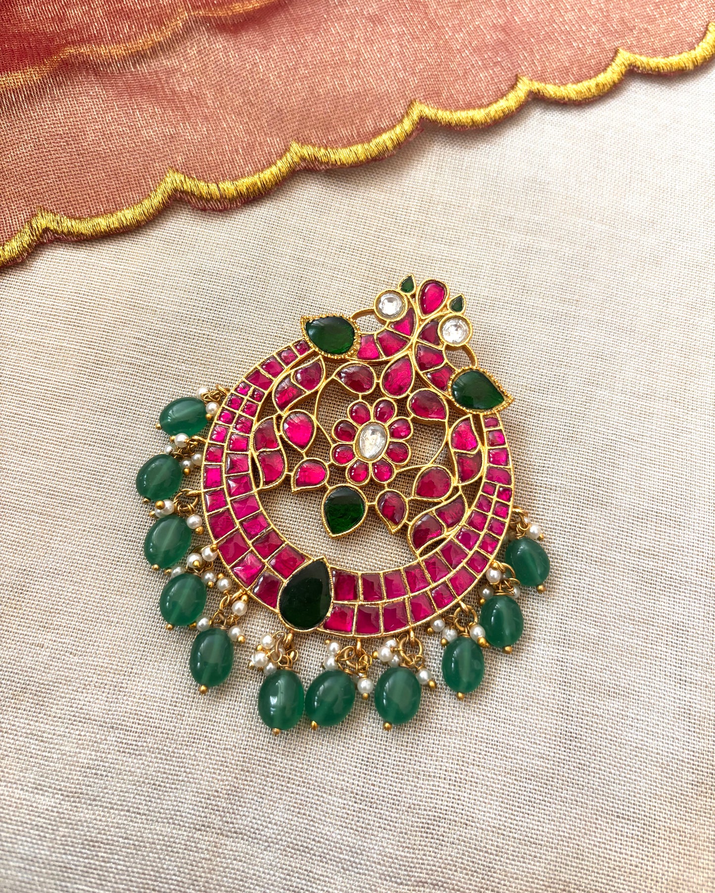Peacock Round Jadau Pendant with Green Beads | Gold-Plated Traditional Jewelry