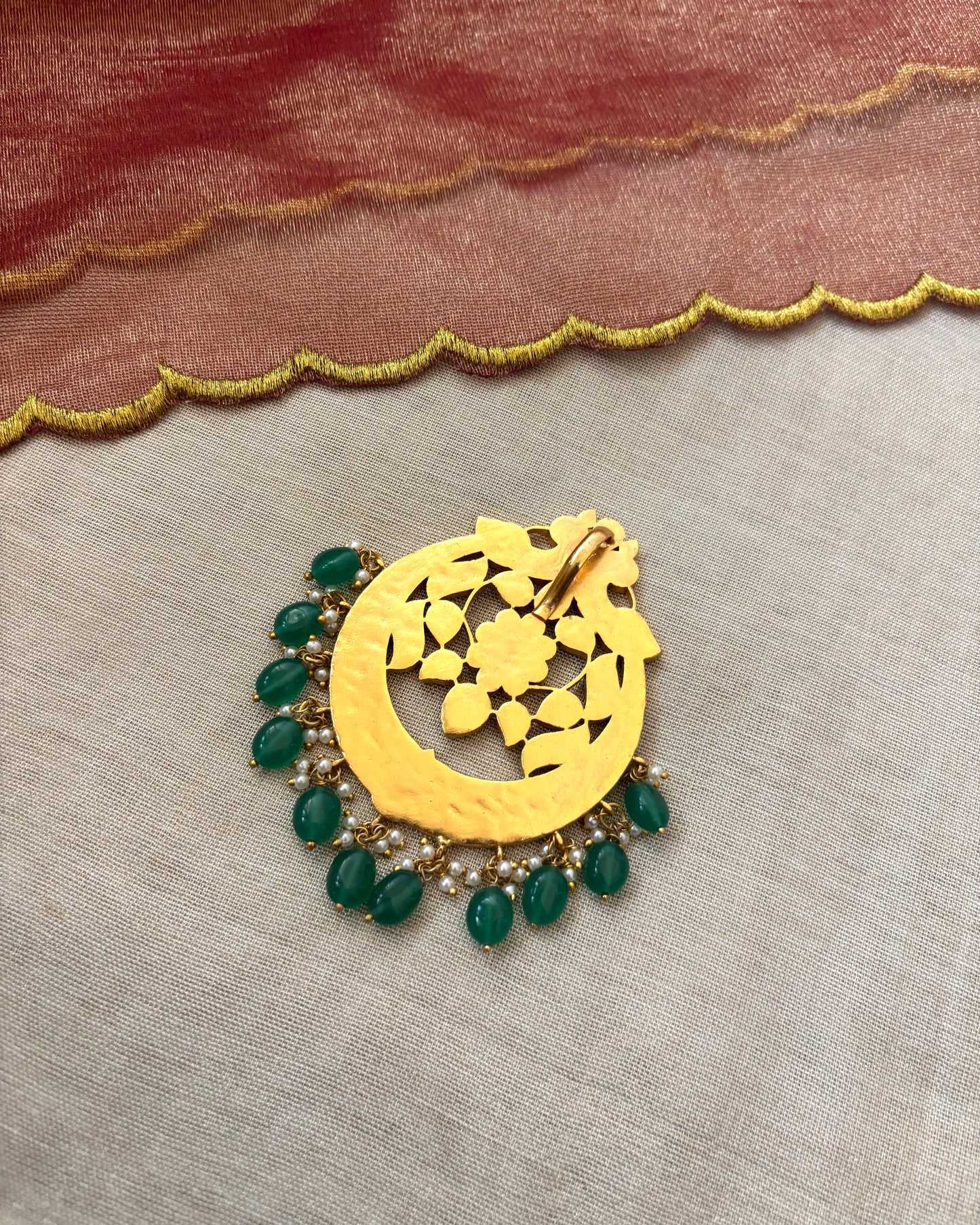 Peacock Round Jadau Pendant with Green Beads | Gold-Plated Traditional Jewelry