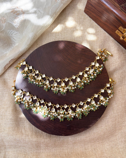 White and Gold Jadau Kundan Ear Chain with Pearl Detailing | EC064