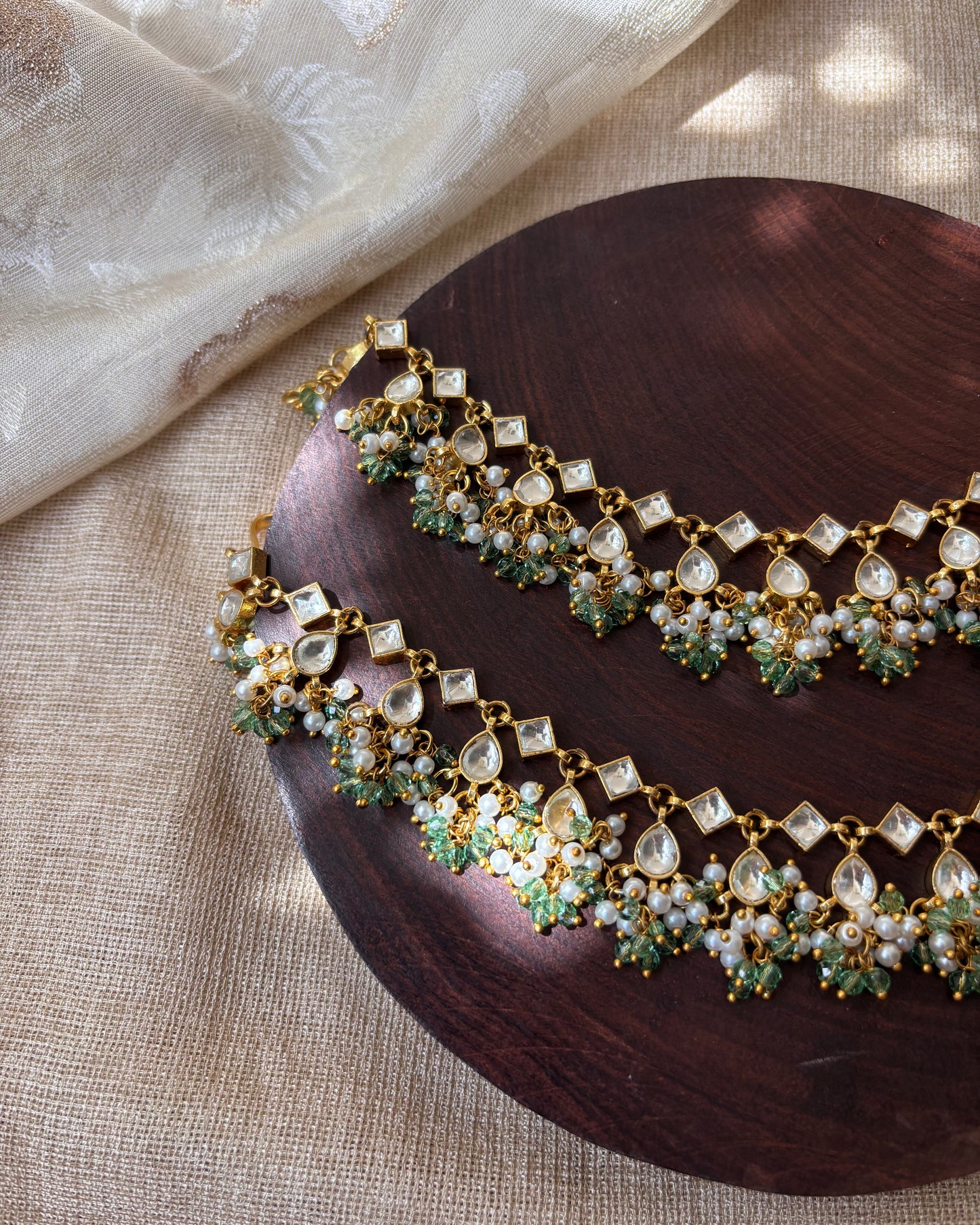 White and Gold Jadau Kundan Ear Chain with Pearl Detailing | EC064