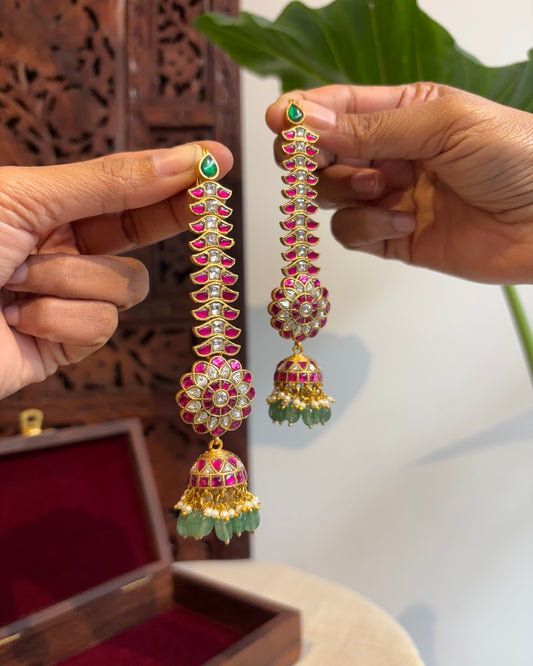 Traditional Jadau Kundan Floral Jhumkas with Attached Straight Ear Chain | ER185