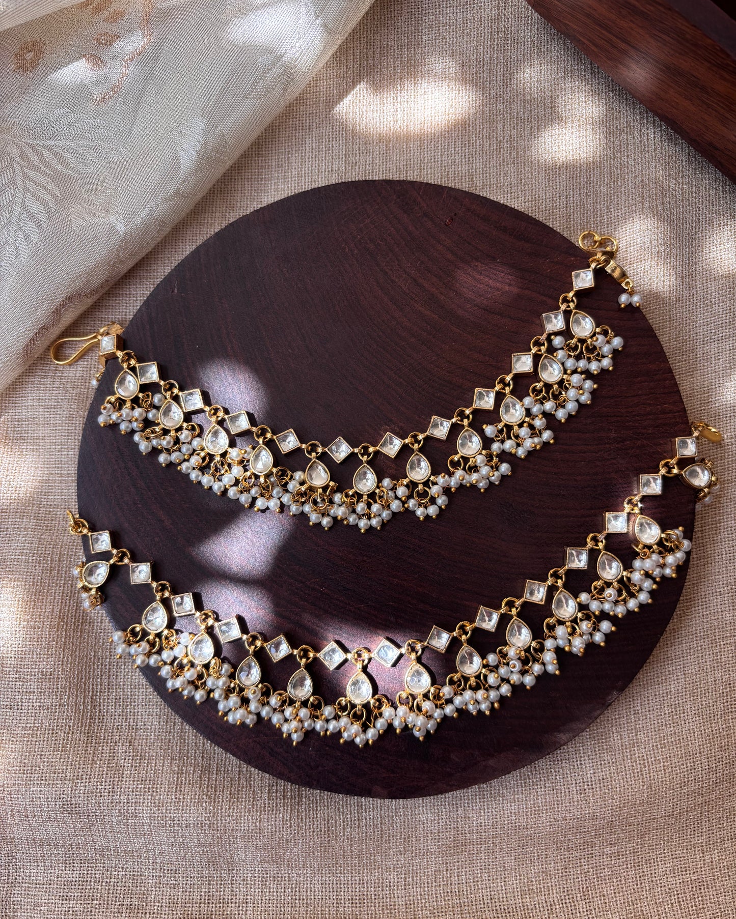 White and Gold Jadau Kundan Ear Chain with Pearl Detailing | EC043