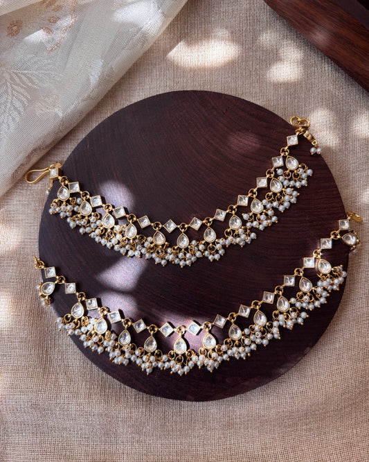 White and Gold Jadau Kundan Ear Chain with Pearl Detailing | EC043