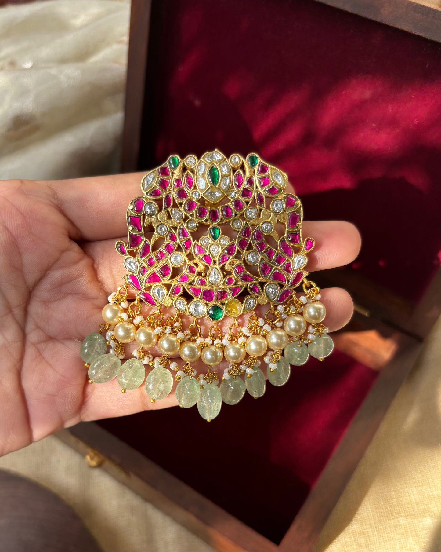 Floral Peacock Jadau Pendant with Pearls and Green Beads | HA163