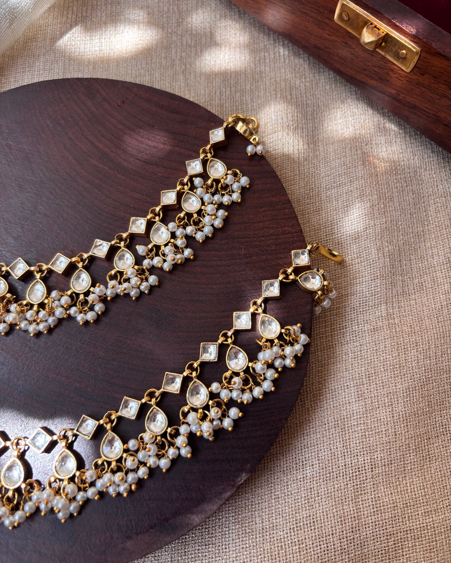 White and Gold Jadau Kundan Ear Chain with Pearl Detailing | EC043