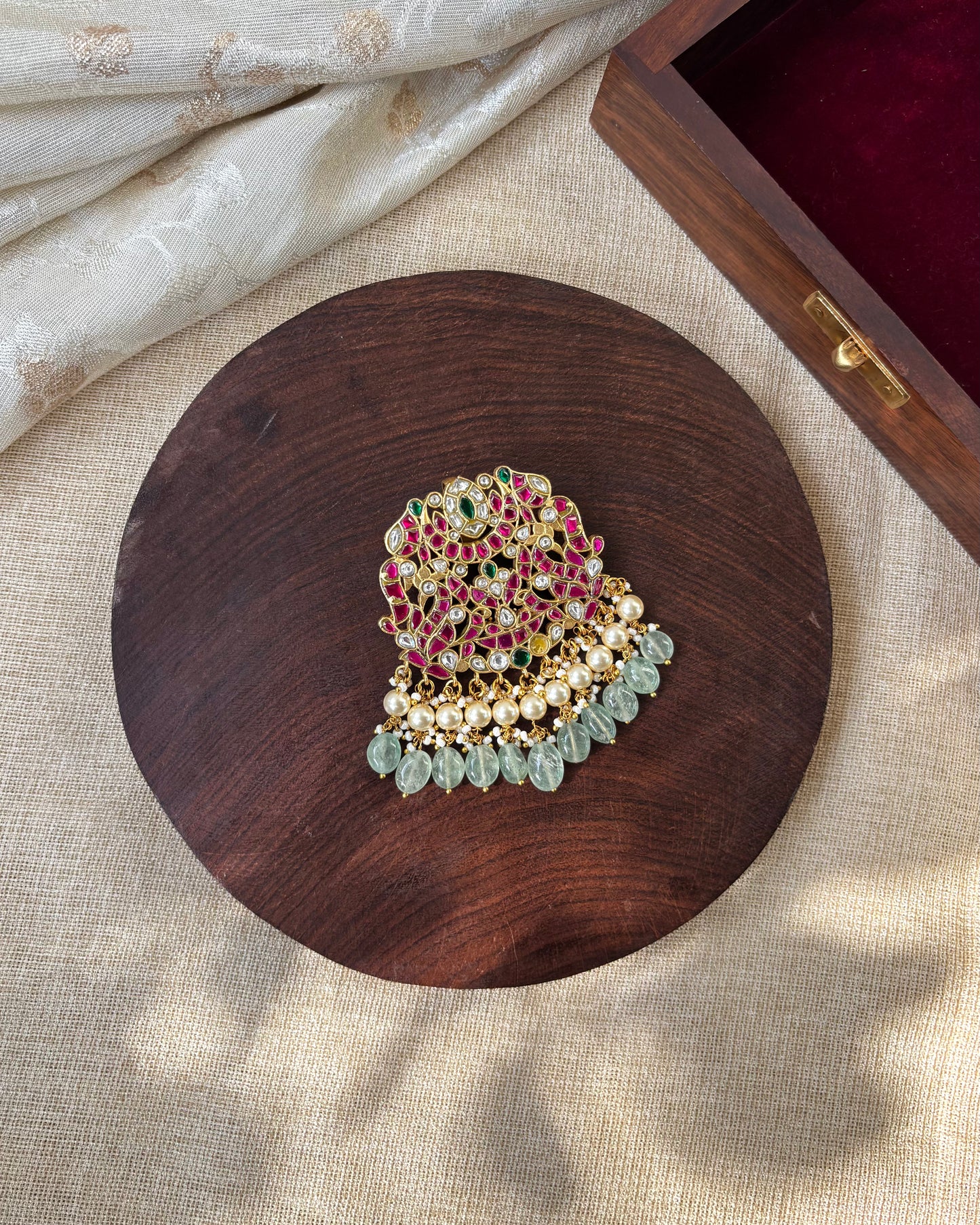 Floral Peacock Jadau Pendant with Pearls and Green Beads | HA163