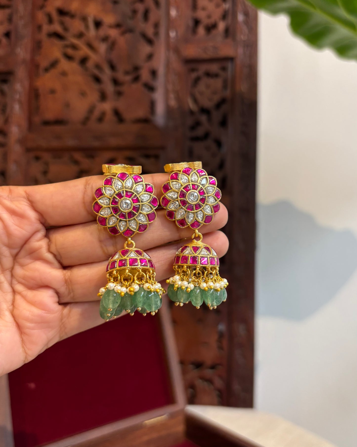 Traditional Jadau Kundan Floral Jhumkas with Attached Straight Ear Chain | ER185