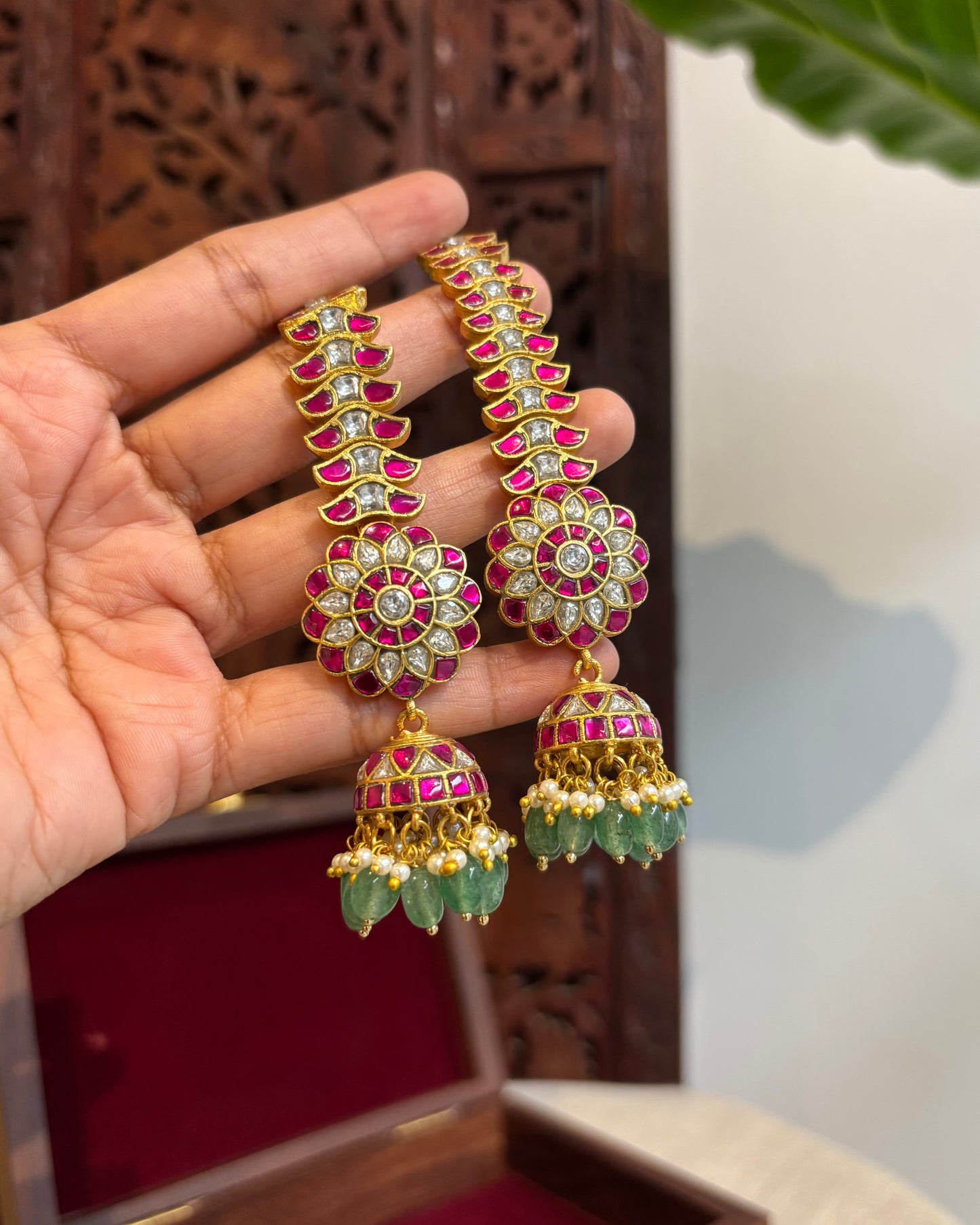 Traditional Jadau Kundan Floral Jhumkas with Attached Straight Ear Chain | ER185