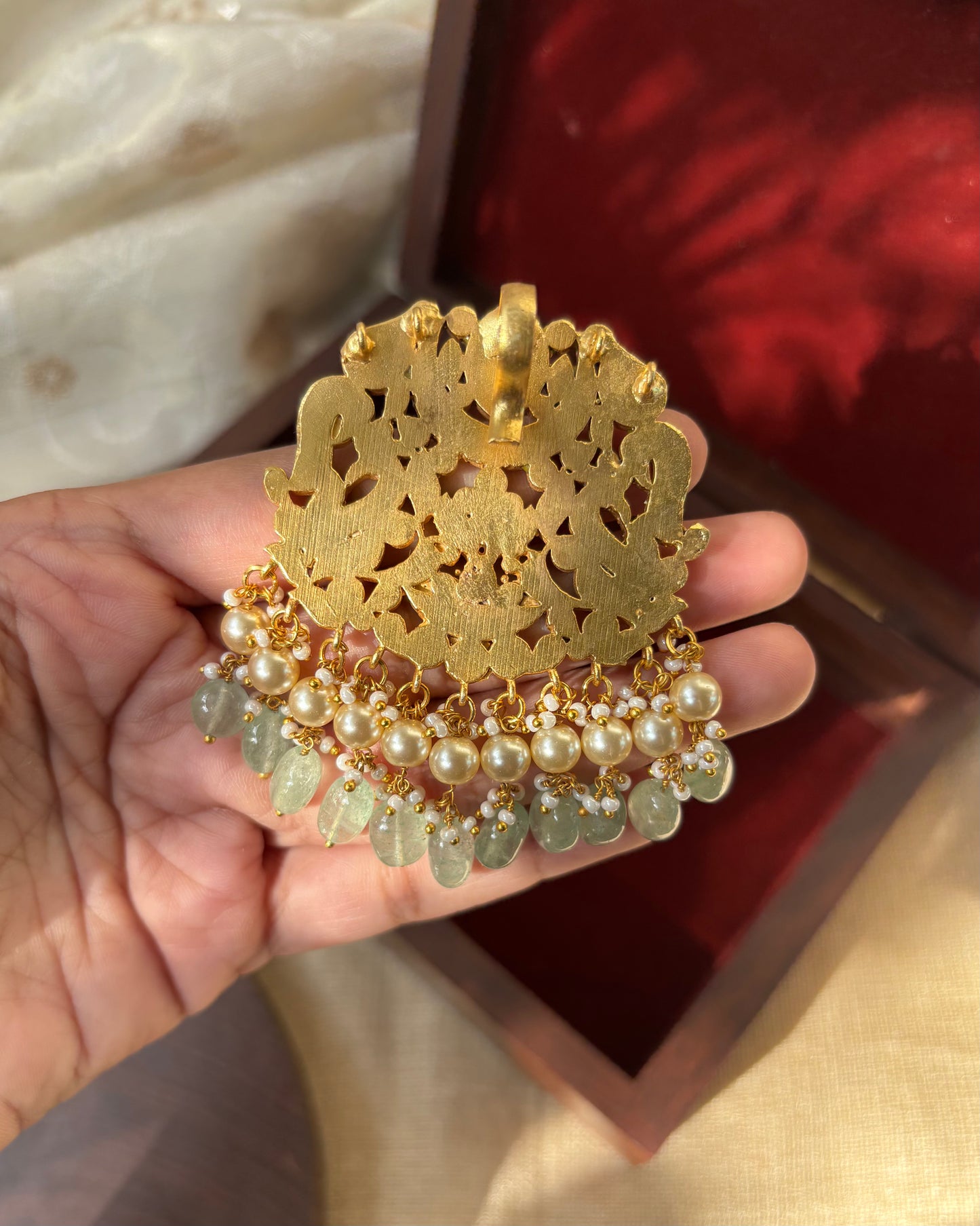 Floral Peacock Jadau Pendant with Pearls and Green Beads | HA163