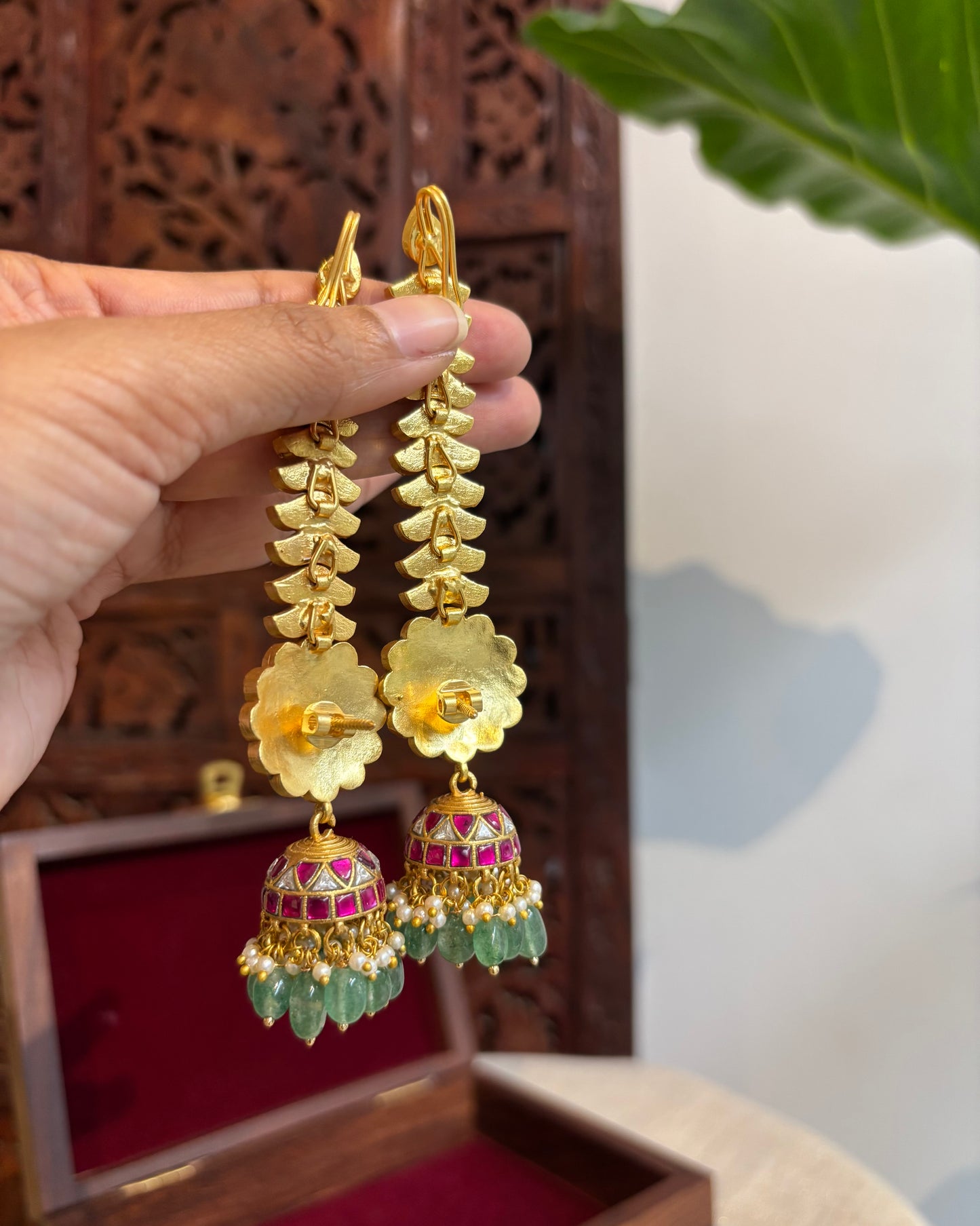 Traditional Jadau Kundan Floral Jhumkas with Attached Straight Ear Chain | ER185