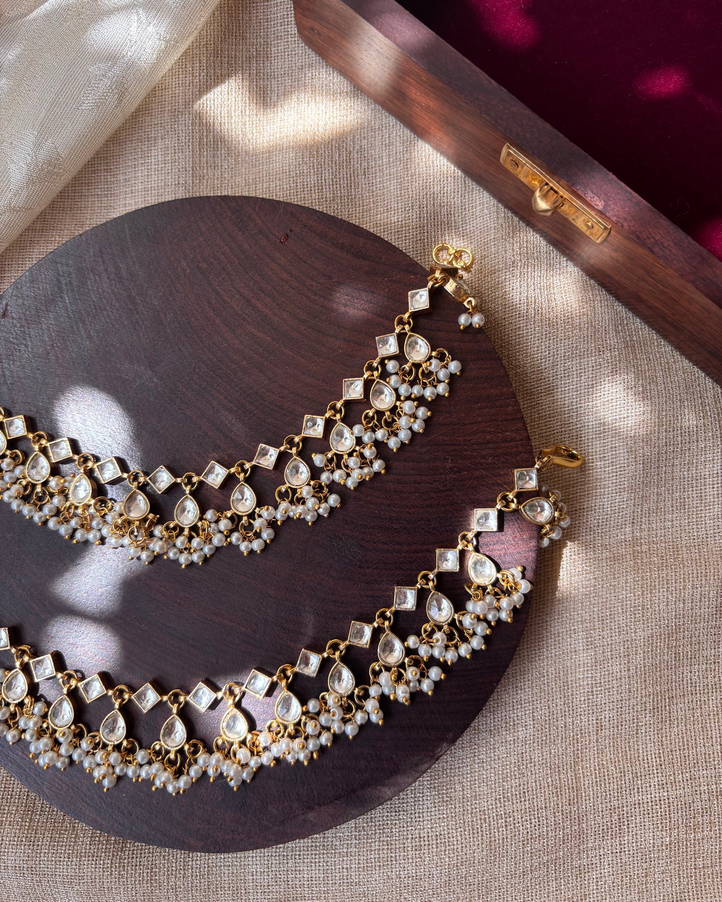 White and Gold Jadau Kundan Ear Chain with Pearl Detailing | EC043