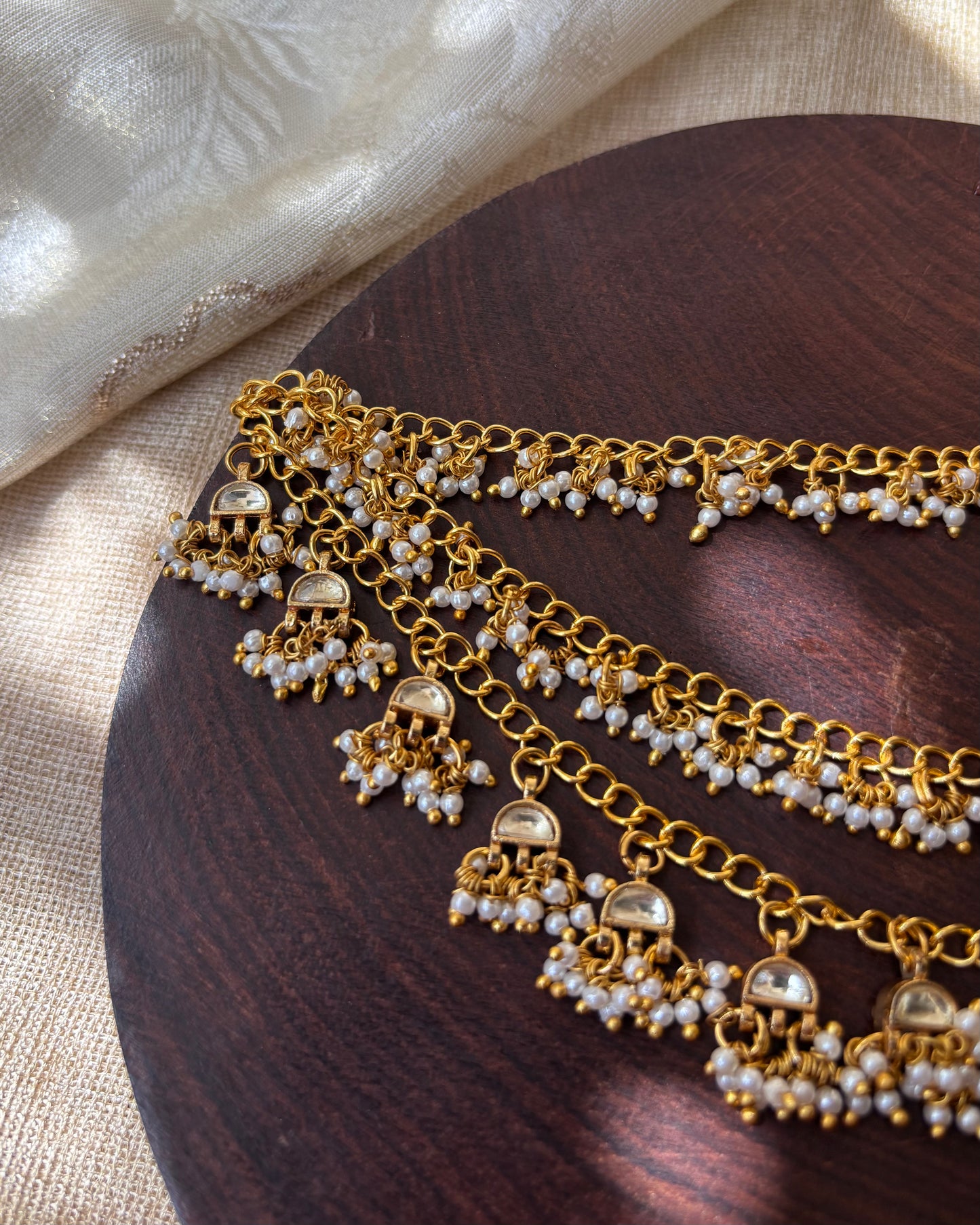 Bridal Jadau Kundan Three-Layer Pearl Ear Chain – Gold | EC072