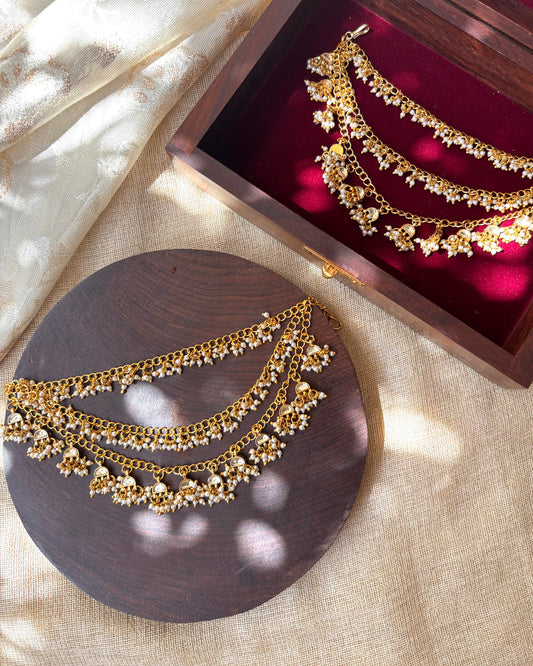 Bridal Jadau Kundan Three-Layer Pearl Ear Chain – Gold | EC072