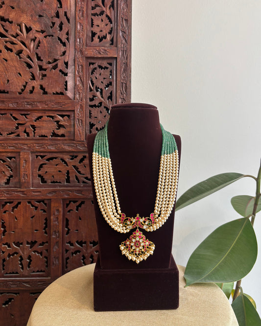 Statement Floral Jadau Kundan Pendant with Mint Green Beads & Pearl Mala | NC368