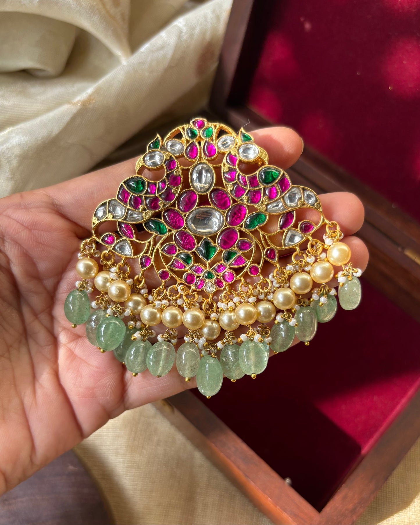 Intricate Floral Peacock Jadau Kundan Pendant | HA156