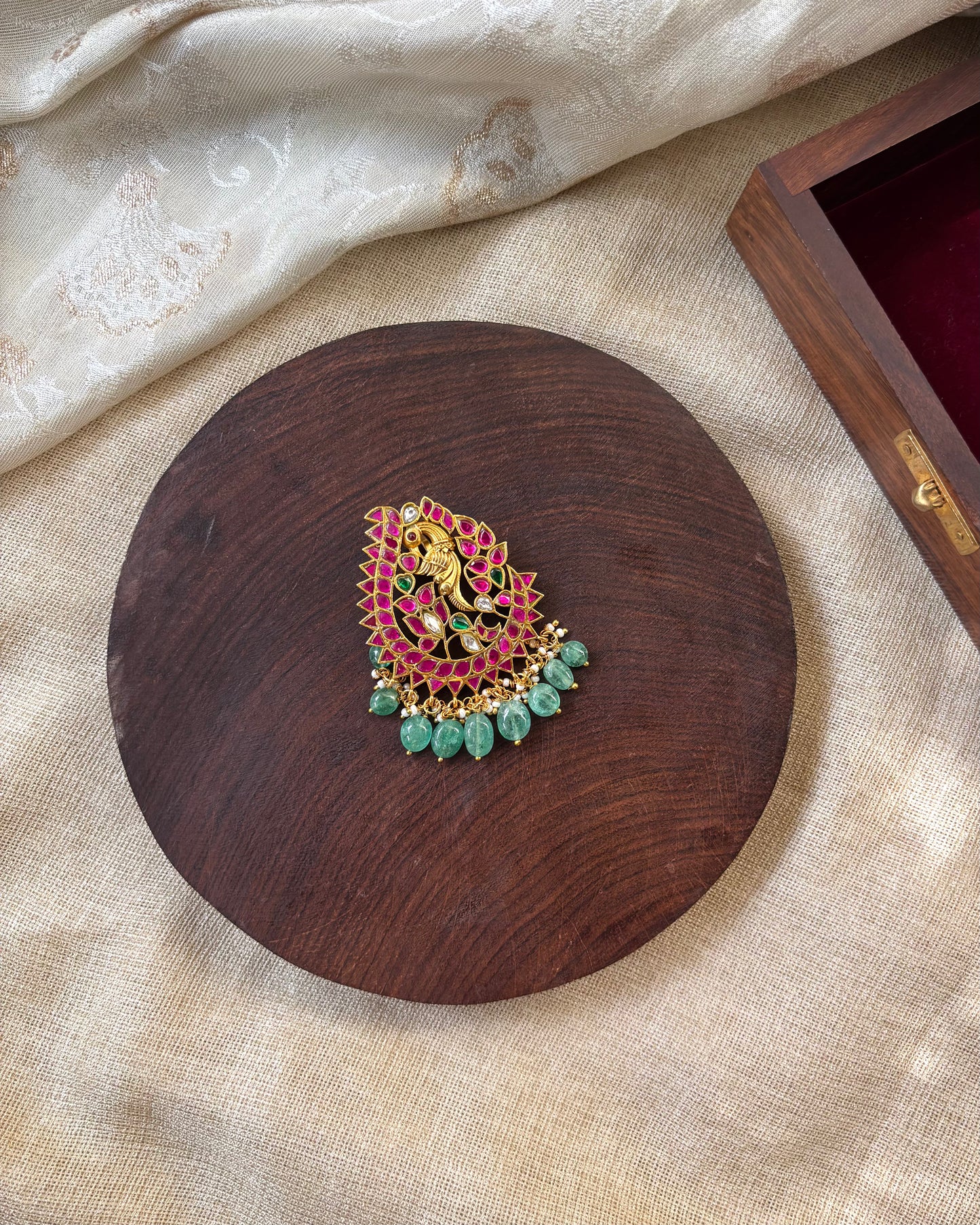 Multicolor Peacock Jadau Kundan Pendant | Pearl Hangings | HA155