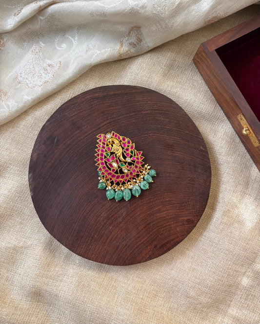 Multicolor Peacock Jadau Kundan Pendant | Pearl Hangings | HA155