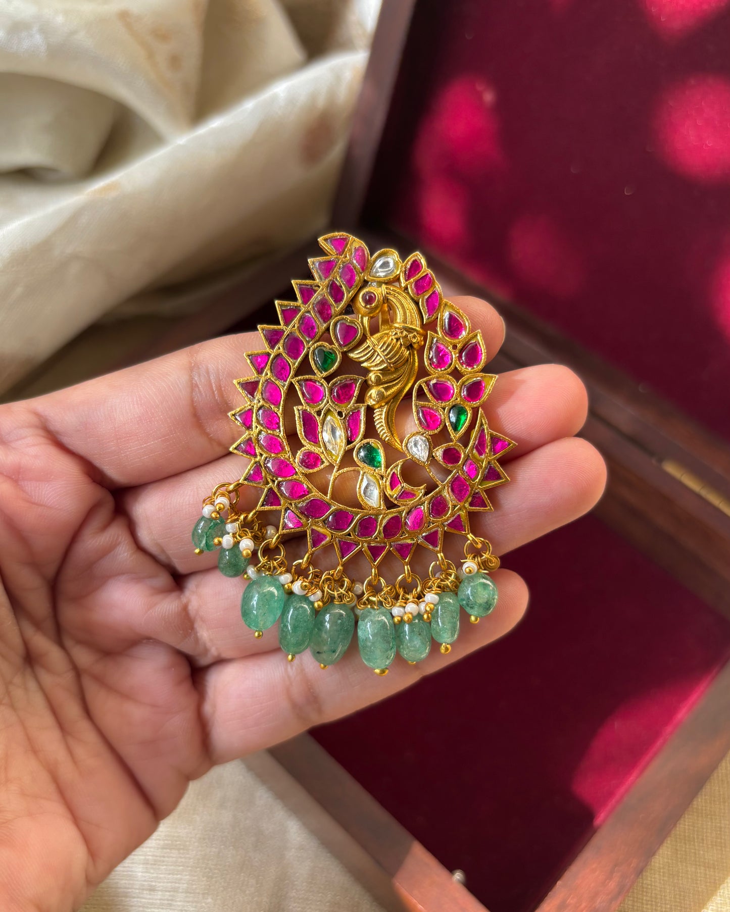 Multicolor Peacock Jadau Kundan Pendant | Pearl Hangings | HA155