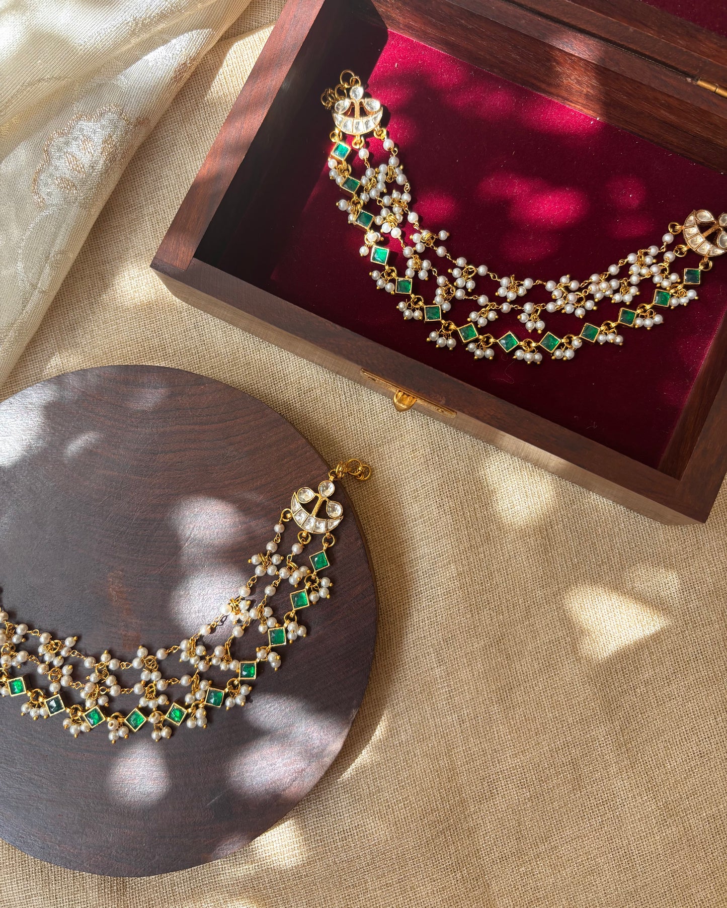 Minimal Jadau Kundan Three-Layer Pearl Ear Chain – Green & White | EC071