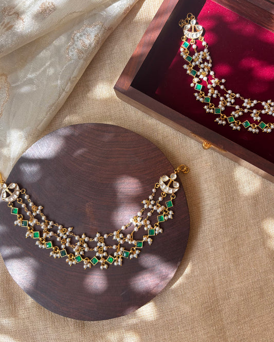 Minimal Jadau Kundan Three-Layer Pearl Ear Chain – Green & White | EC071