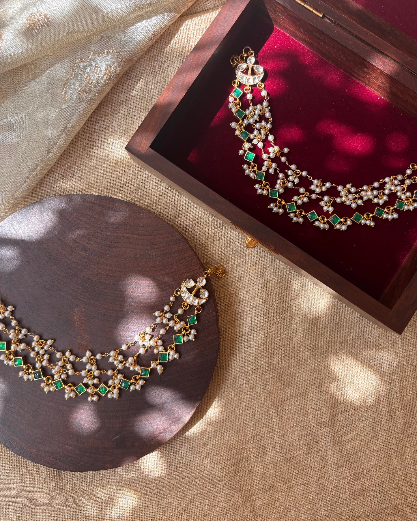 Minimal Jadau Kundan Three-Layer Pearl Ear Chain – Green & White | EC071