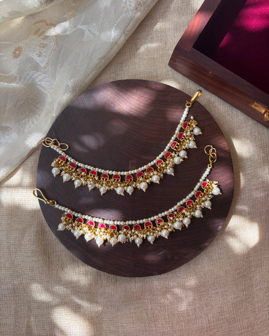Ruby Pink Kundan Single Layer Ear Chain with Pearl Drops – Gold Plated | EC040