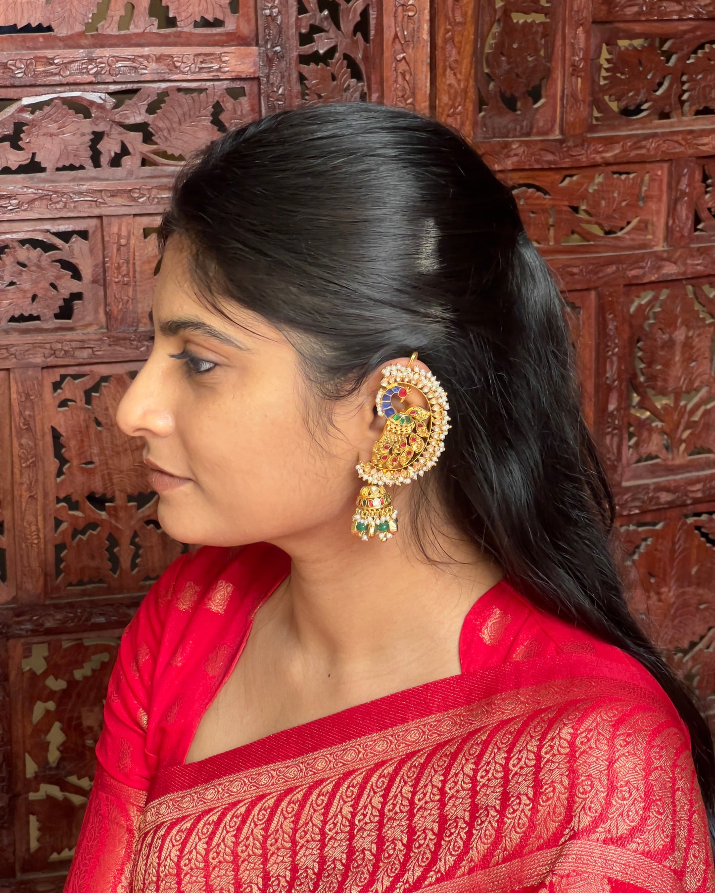 Regal Peacock Ear Cuff Jhumkas – Intricate Kundan Design | ER119