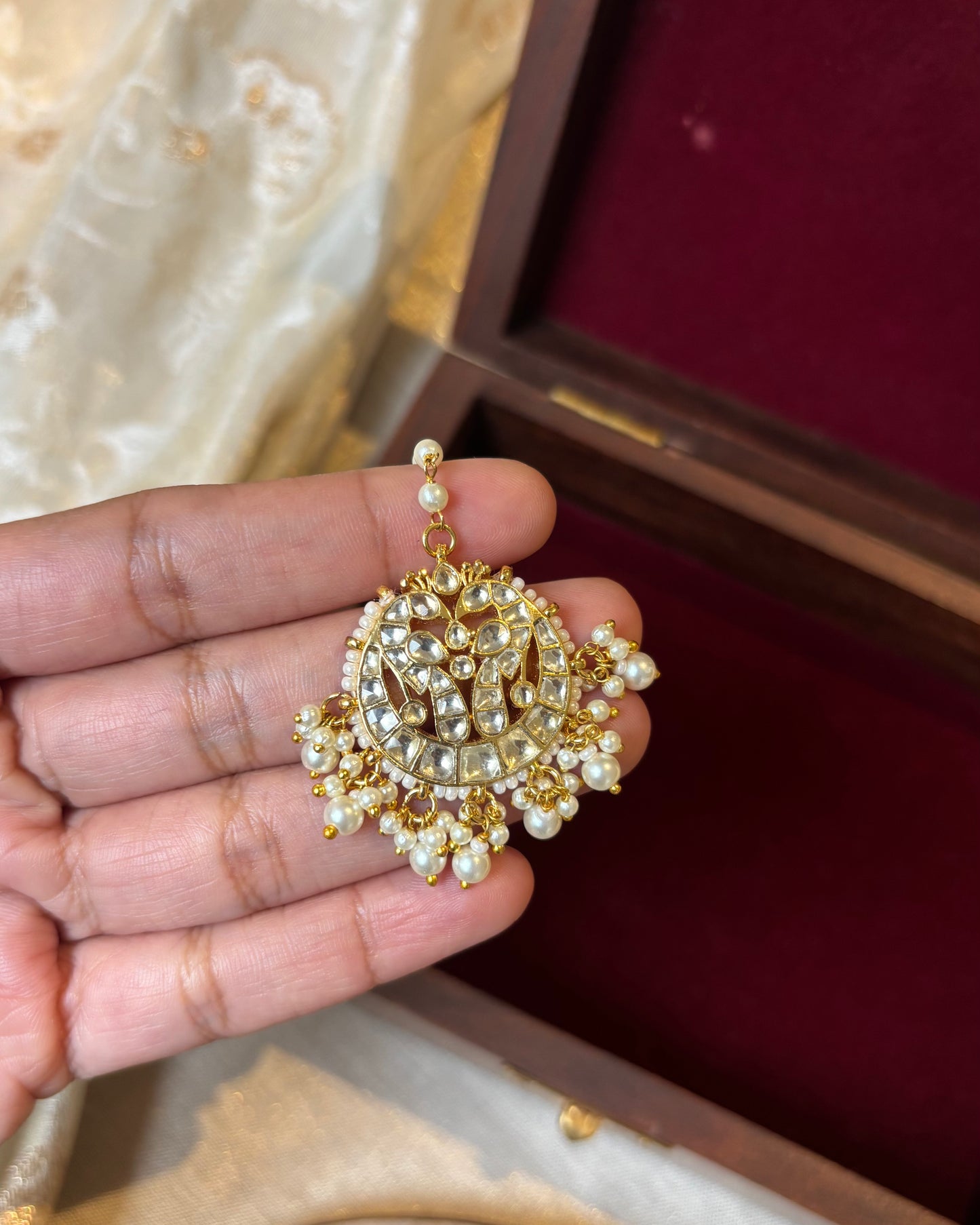 Jadau Kundan White Peacock Motif Gold-Plated Maang Tikka | MT156