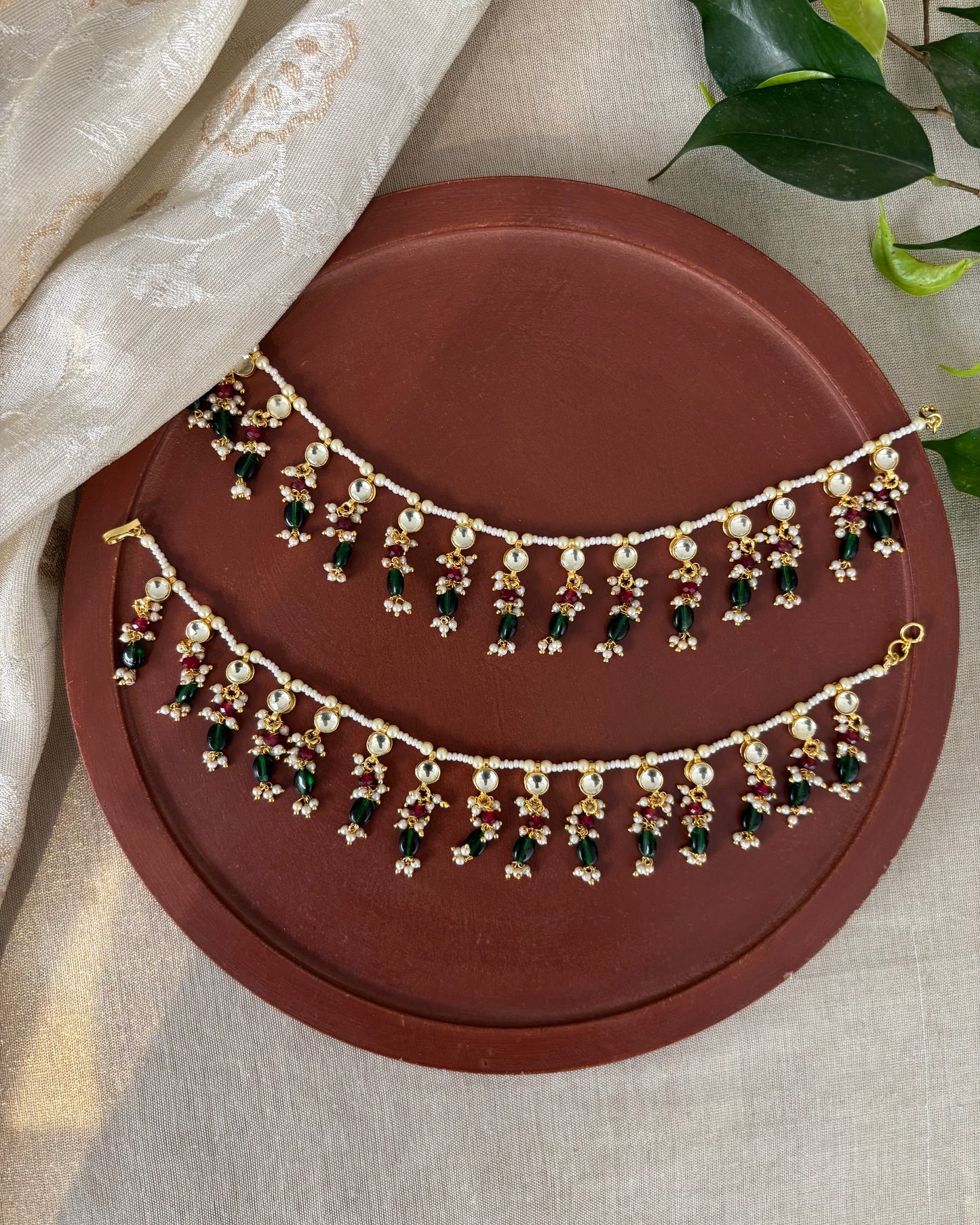 Multicolor Kundan Single Layer Ear Chain with Green Drops – Gold Plated | EC149