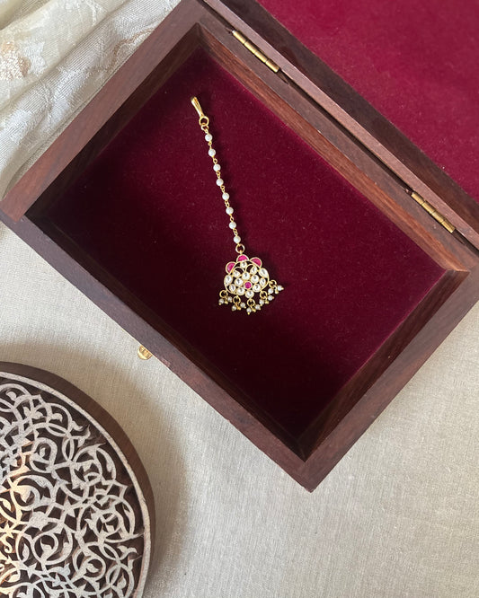 Floral Jadau Maang Tikka | Ruby & White | MT278