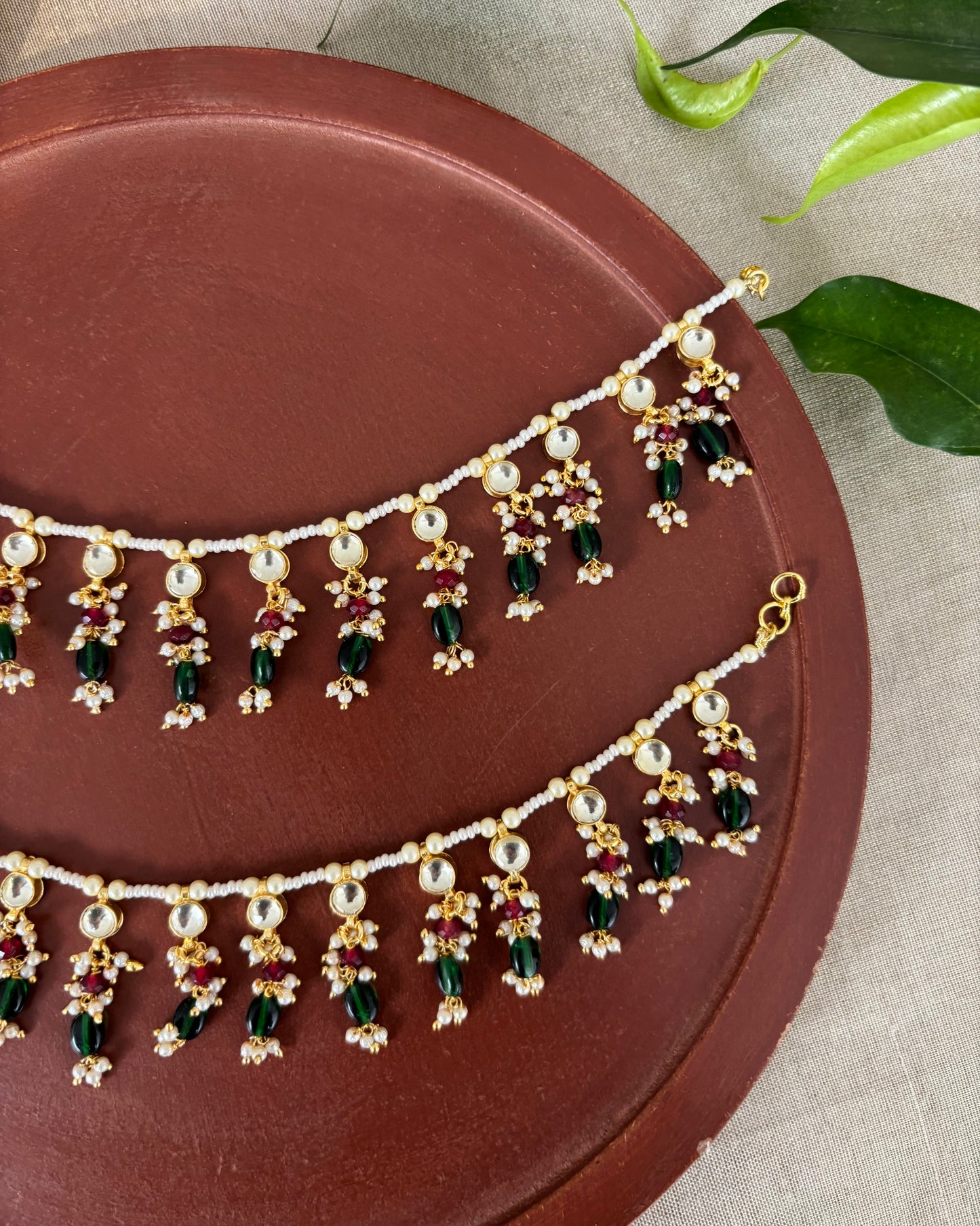 Multicolor Kundan Single Layer Ear Chain with Green Drops – Gold Plated | EC149