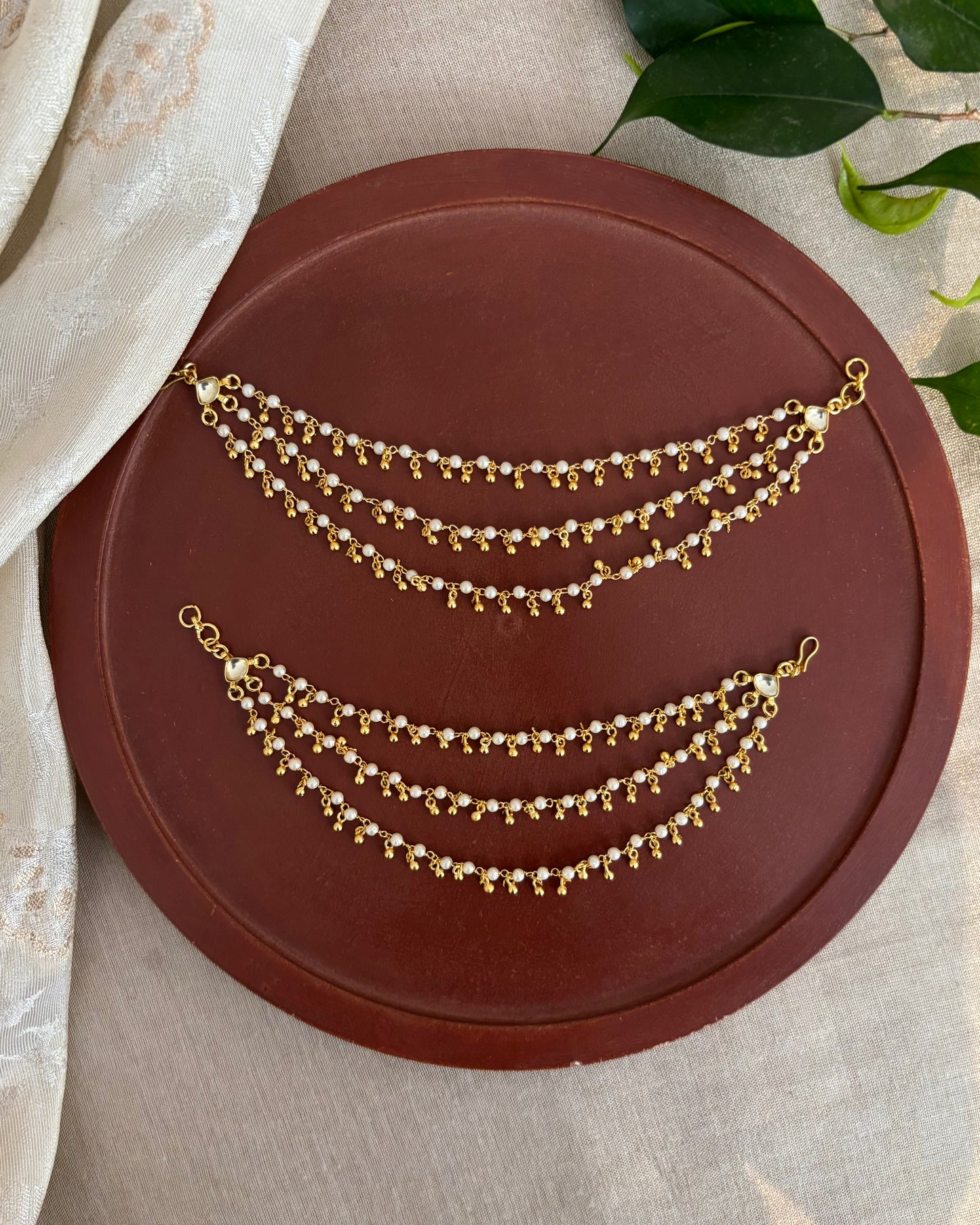 Minimal 3-Layer Pearl Kundan Ear Chain | EC151