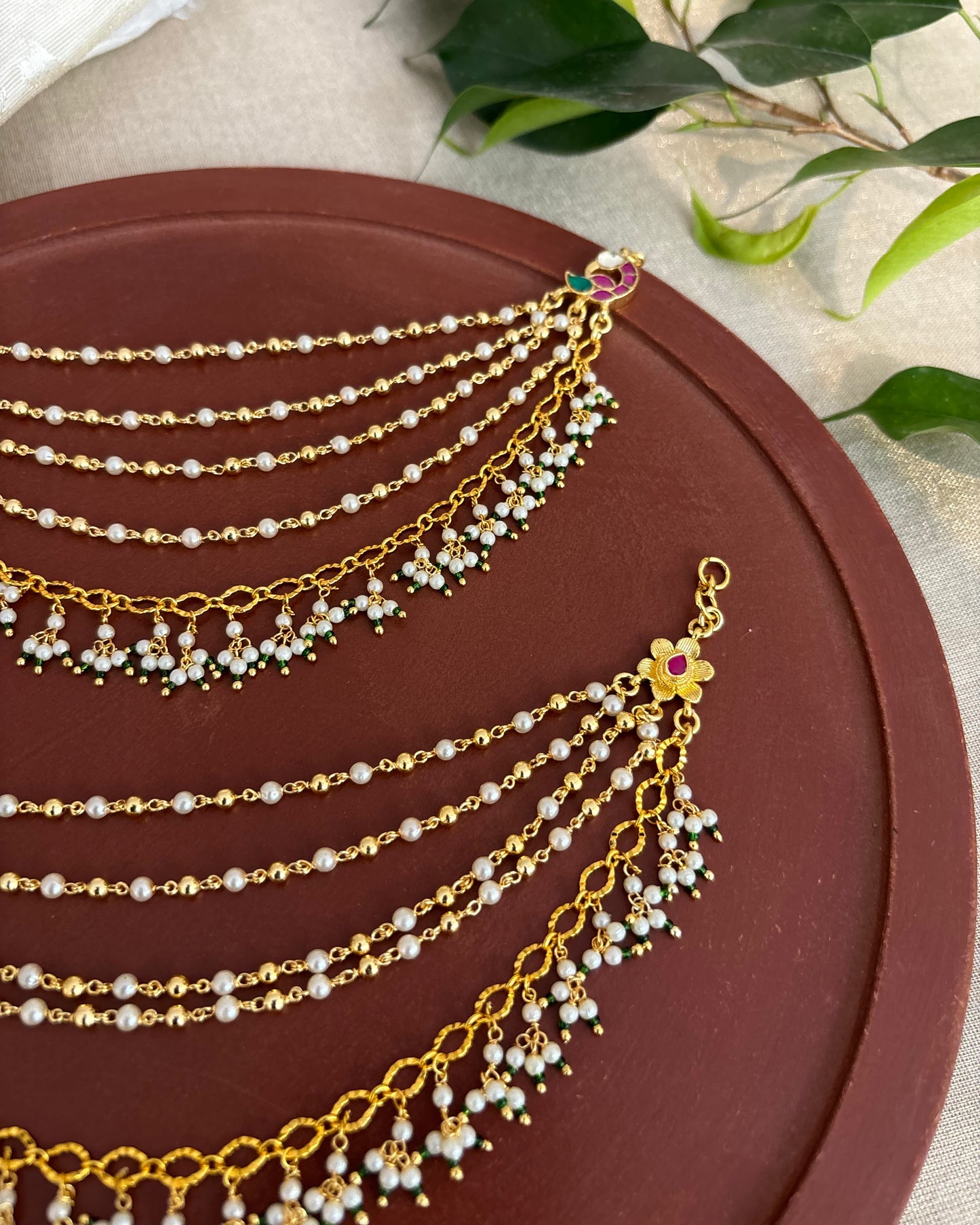 Statement Peacock Kundan Ear Chain – Pink & White | EC152