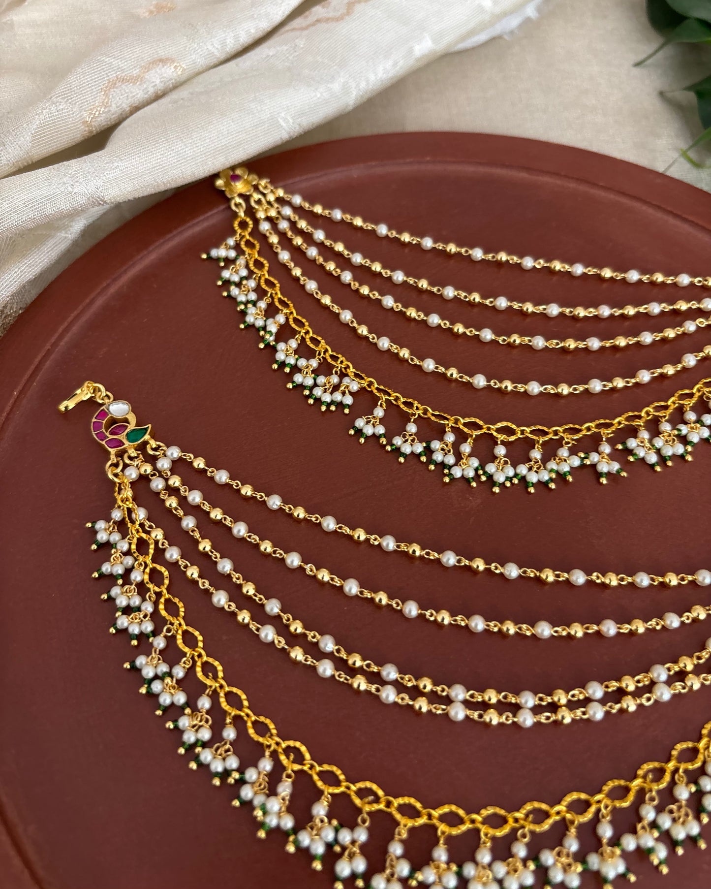 Statement Peacock Kundan Ear Chain – Pink & White | EC152