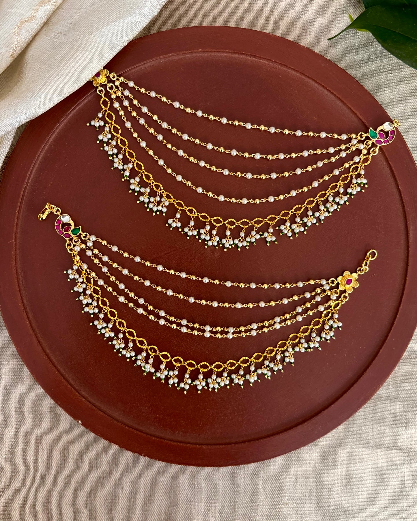 Statement Peacock Kundan Ear Chain – Pink & White | EC152