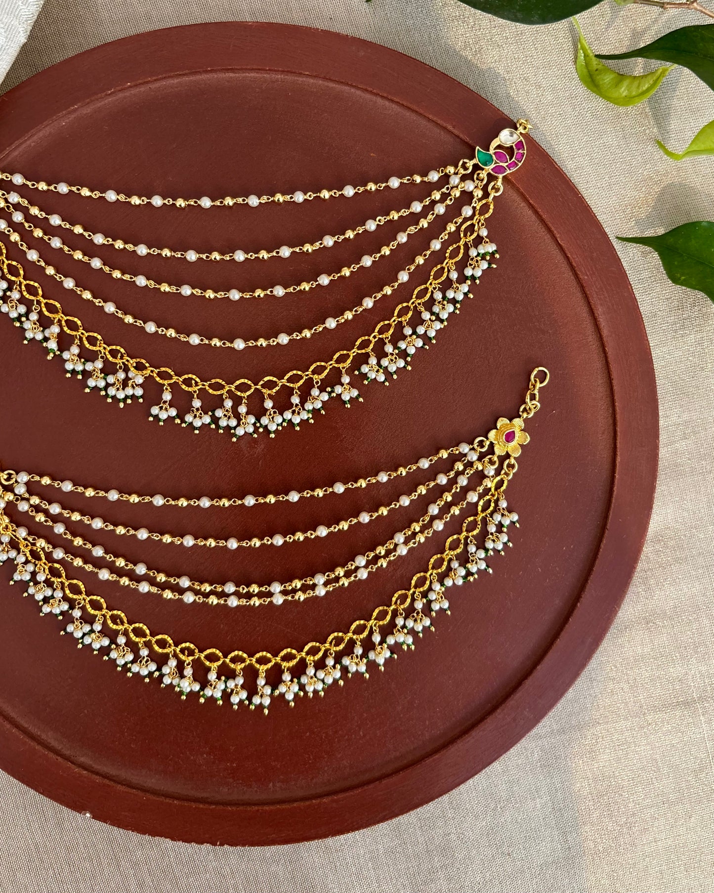 Statement Peacock Kundan Ear Chain – Pink & White | EC152