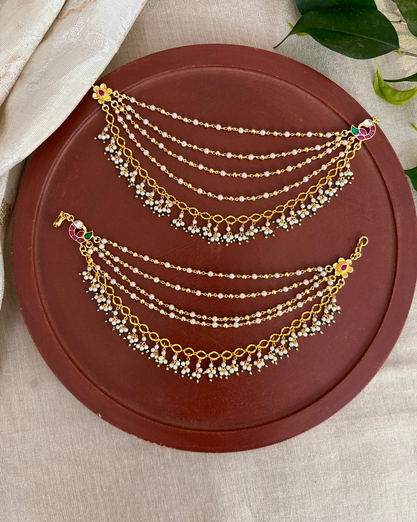 Statement Peacock Kundan Ear Chain – Pink & White | EC152