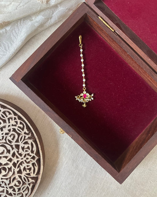 Minimal Jadau Floral Design Maang Tikka | Ruby & White | MT284