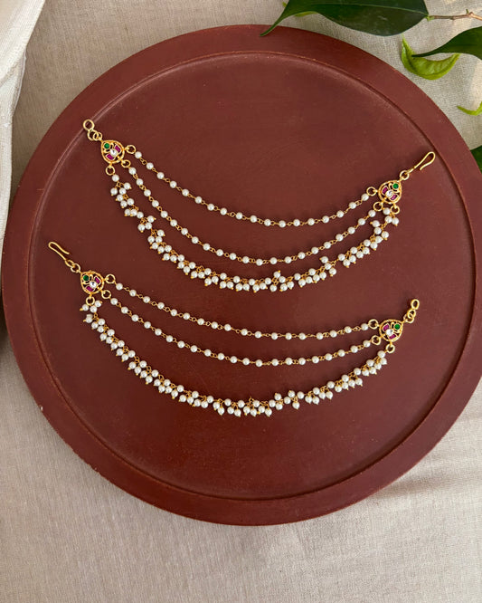 Minimal 3-Layer Pearl Kundan Ear Chain | EC153