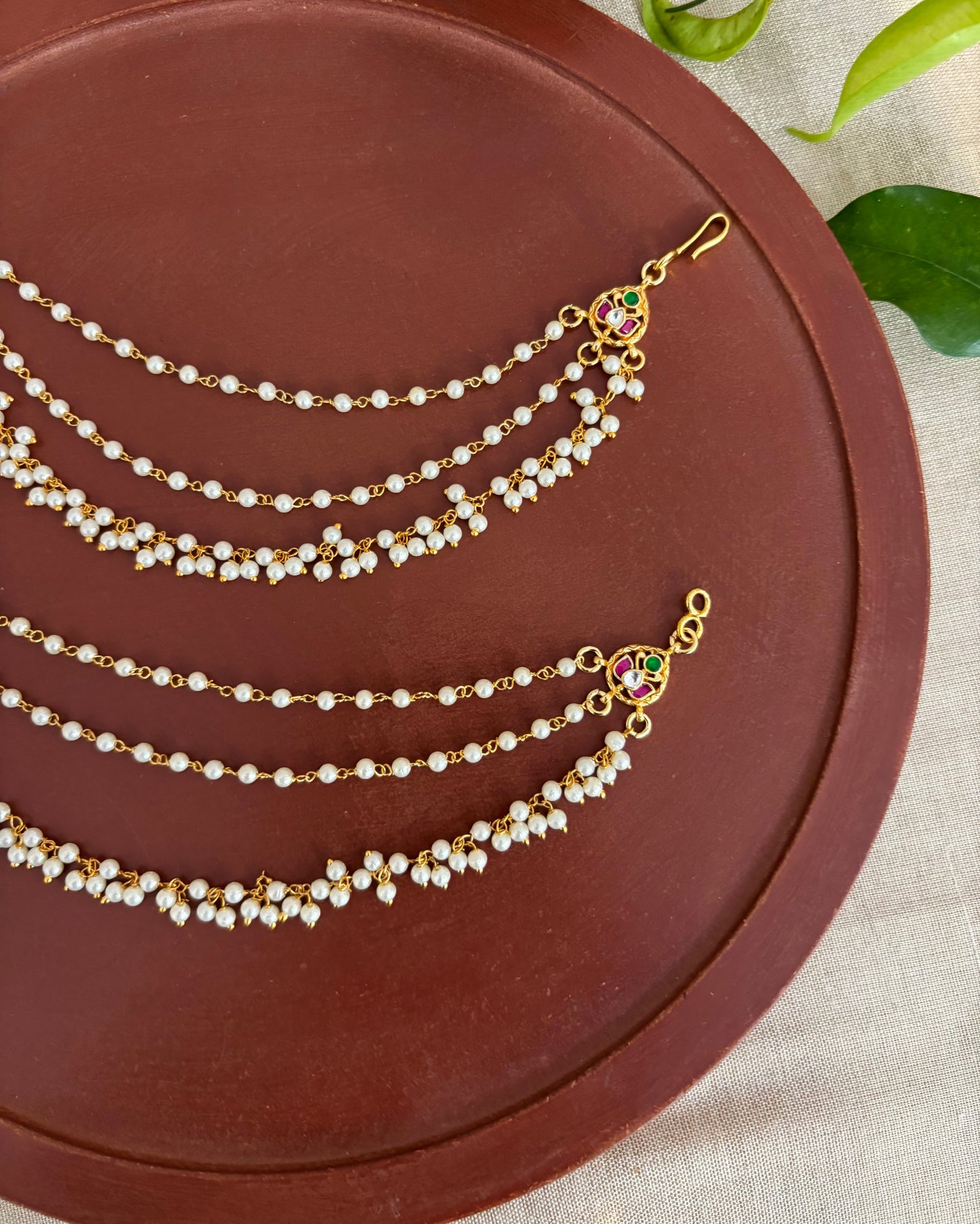 Minimal 3-Layer Pearl Kundan Ear Chain | EC153