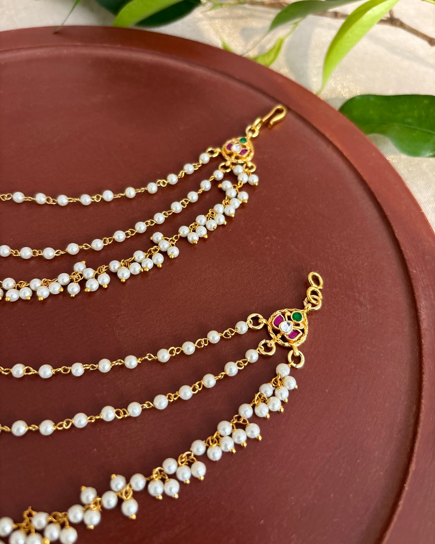 Minimal 3-Layer Pearl Kundan Ear Chain | EC153