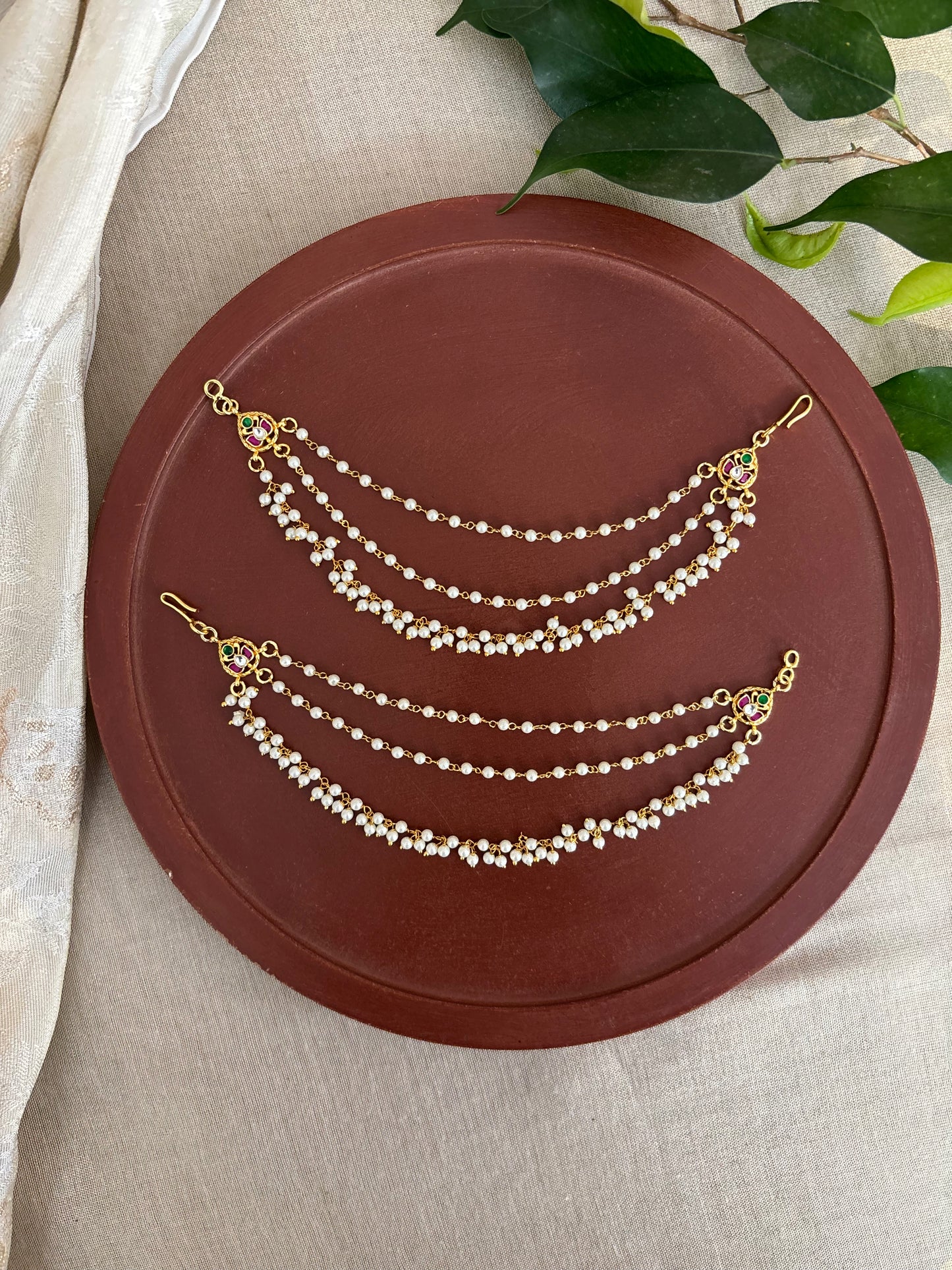 Minimal 3-Layer Pearl Kundan Ear Chain | EC153