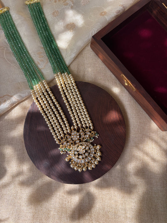 Statement Floral Jadau Kundan Pendant with Mint Green Beads & Pearl Mala | NC102