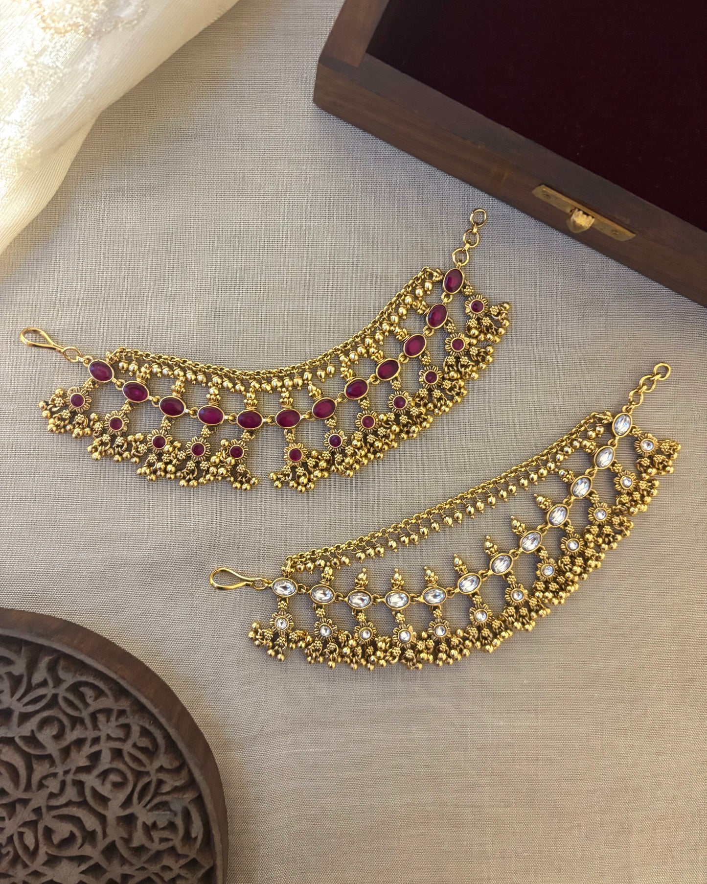 2-in-1 Reversible Antique Ear Chain: Ruby Kemp & White Stone | EC107