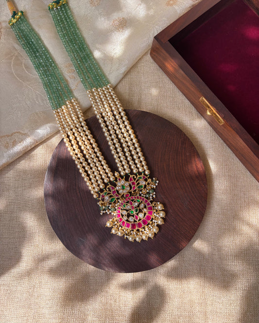 Statement Floral Jadau Kundan Pendant with Mint Green Beads & Pearl Mala | NC101