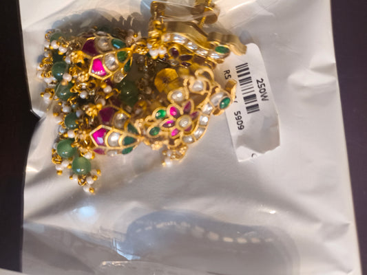 Multicolor Peacock Floral Jadau Kundan Jhumkas with Pearl Hangings | ER342