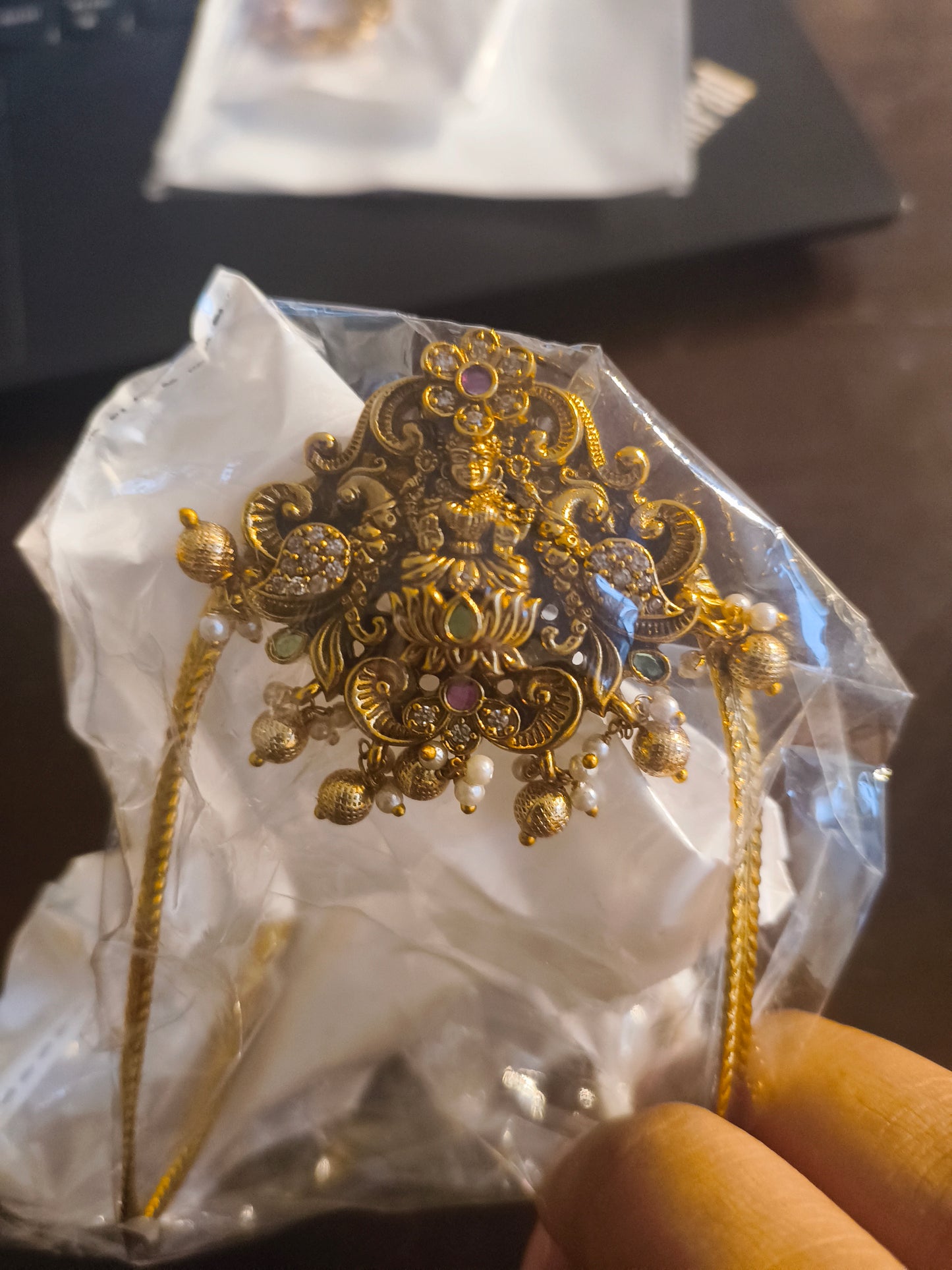 Antique Shree Lakshmi Gold Finish Armlets with Pearl Hanging – Adjustable Fit | AR006