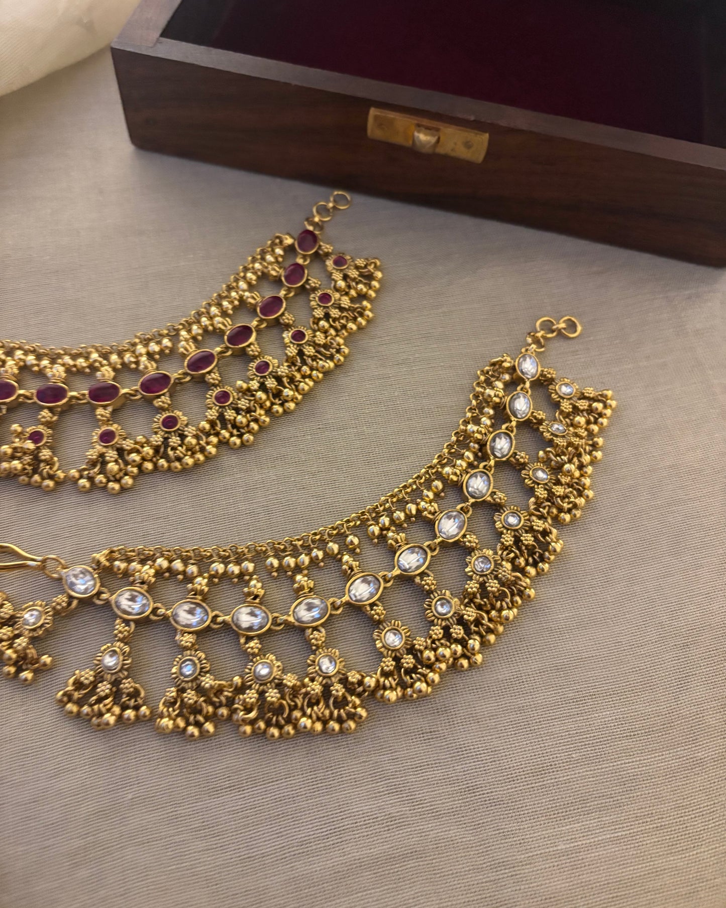 2-in-1 Reversible Antique Ear Chain: Ruby Kemp & White Stone | EC107