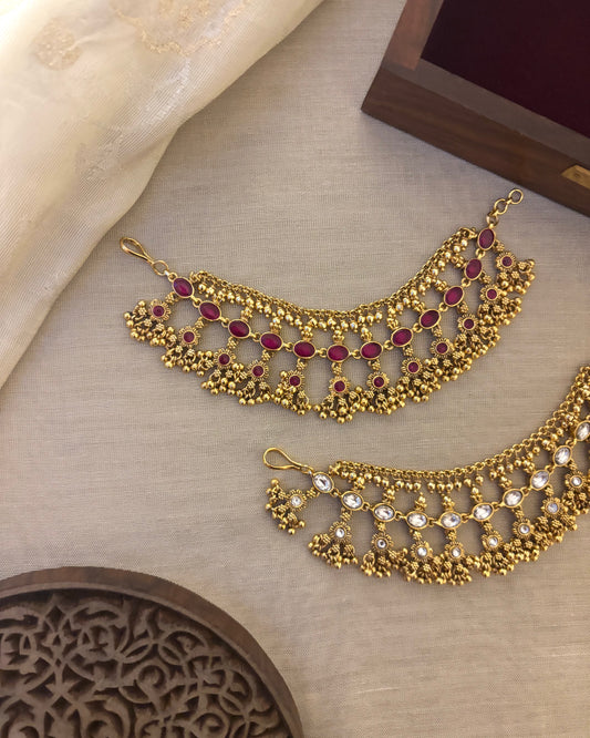 2-in-1 Reversible Antique Ear Chain: Ruby Kemp & White Stone | EC107