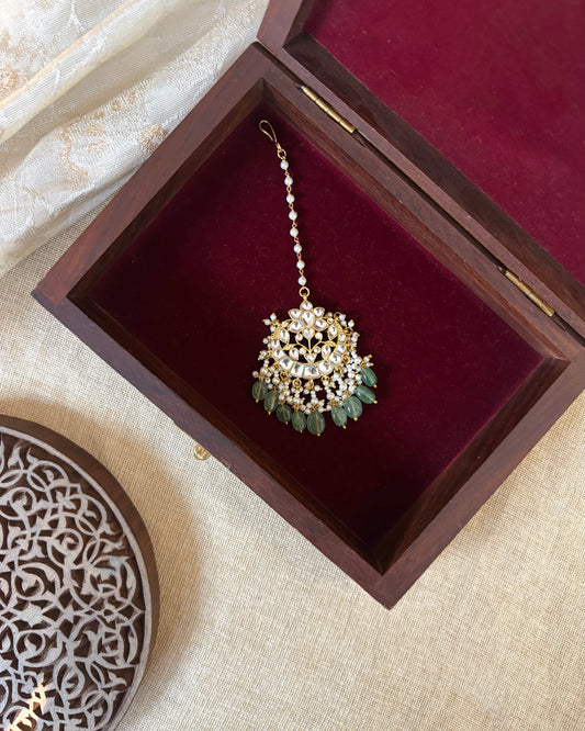 Floral Jadau Maang Tikka | White With Green Beads | MT270